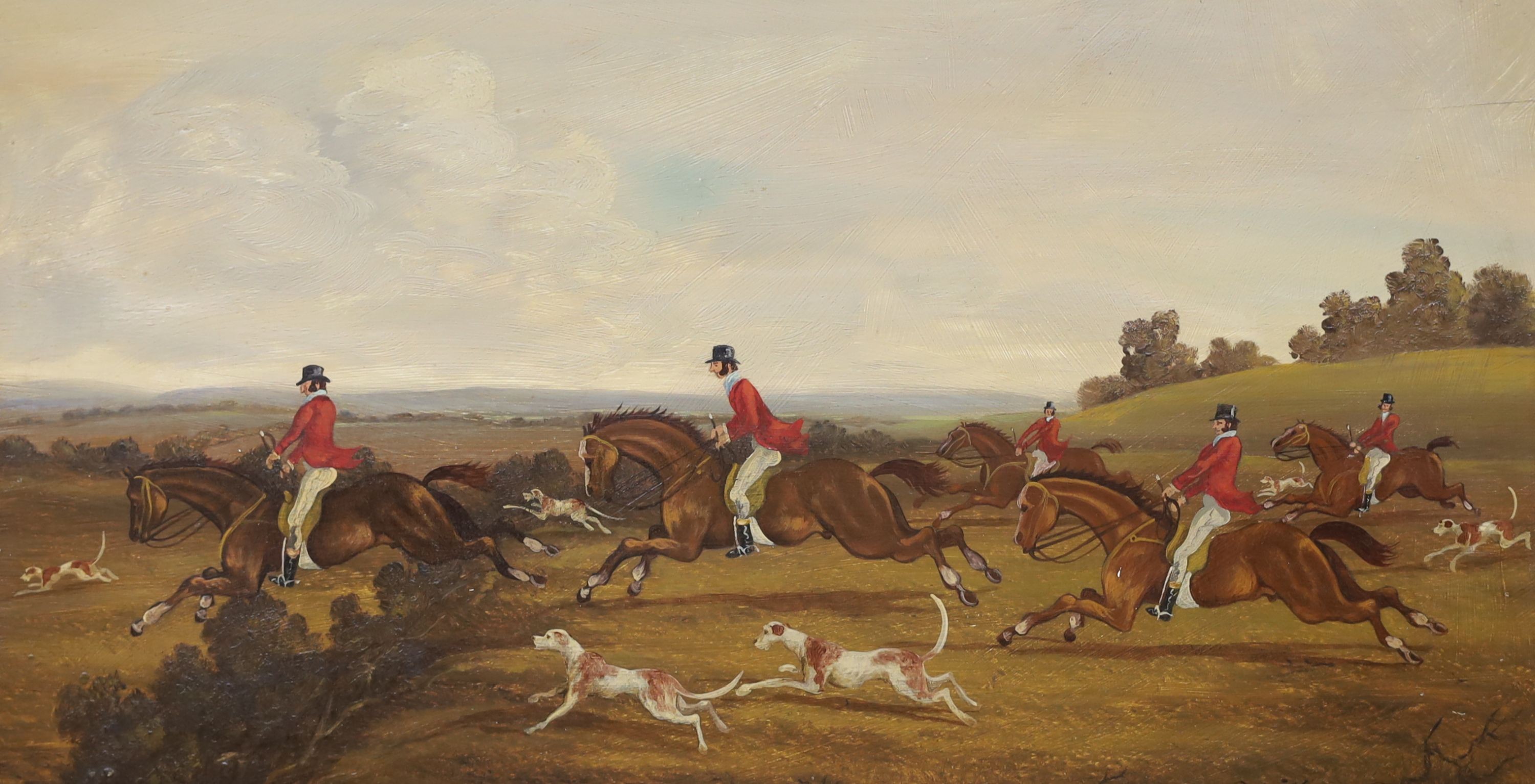 E. Davies, pair of oils on panel, Hunting scenes, signed, 22 x 40cm